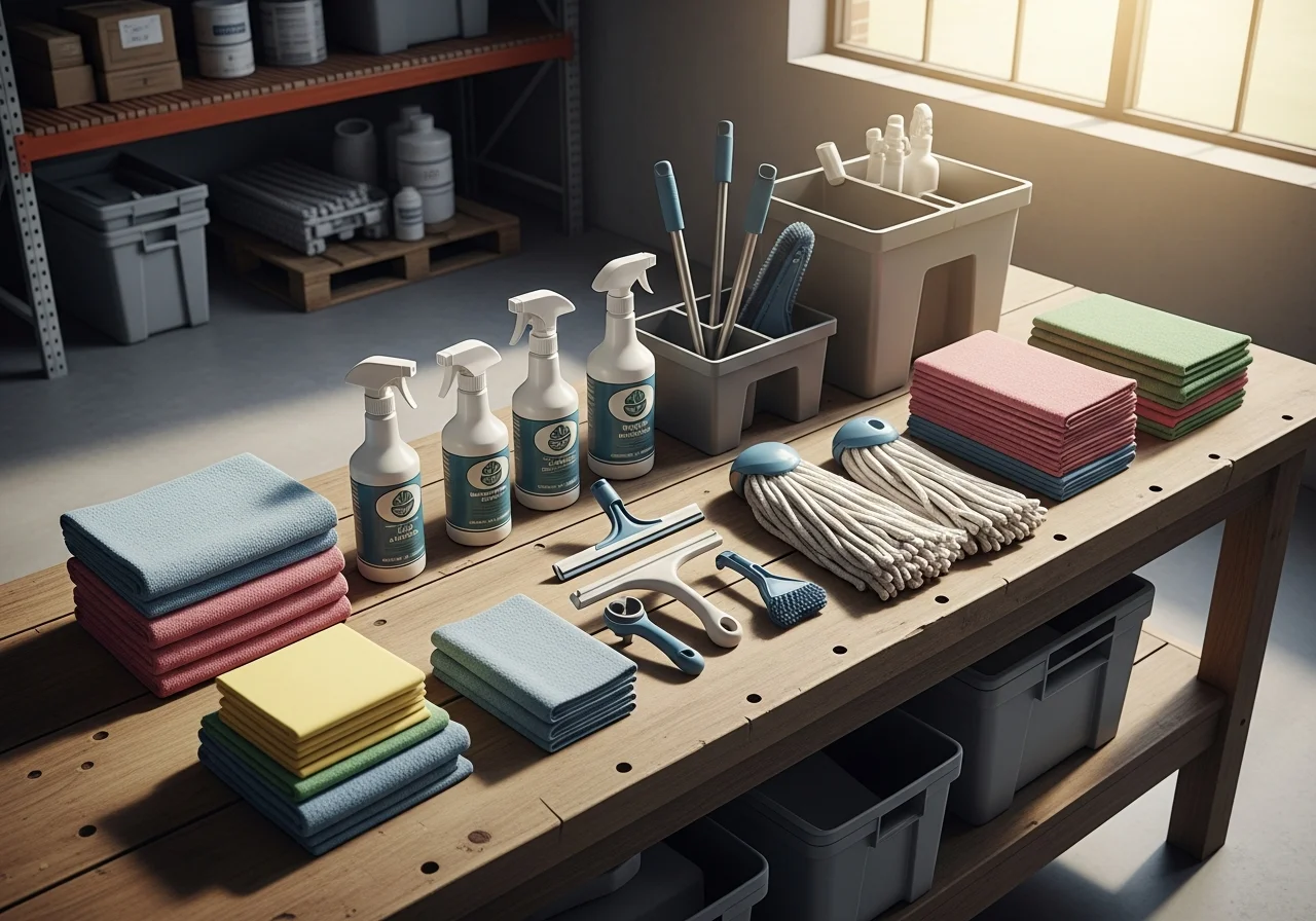 Professional cleaning supplies and equipment arranged on a work surface, ready for residential service.