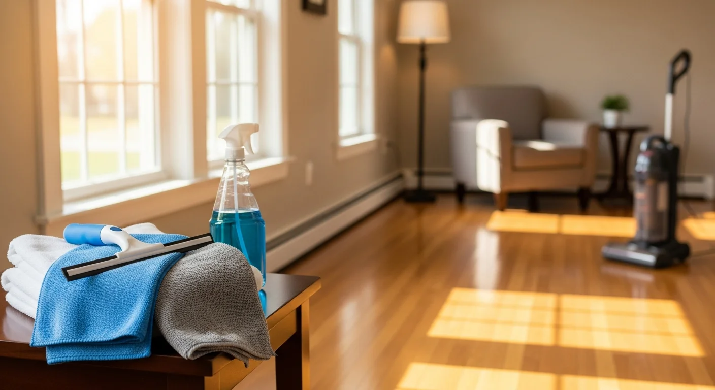 Professional house cleaner cleaning a residential kitchen