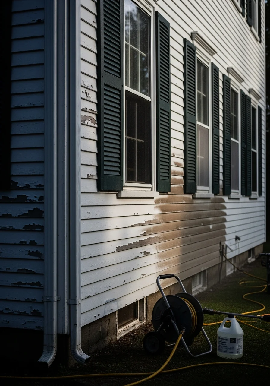Close-up of professional service work being performed on a North Reading home exterior.