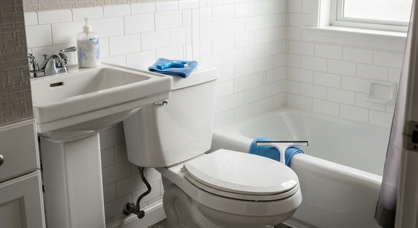 A clean, bright bathroom in a North Reading colonial-style home with scrubbed white tile, a spotless sink, and streak-free mirror after professional cleaning service. The tub surround and grout lines are visibly clean with no soap scum or water stains.