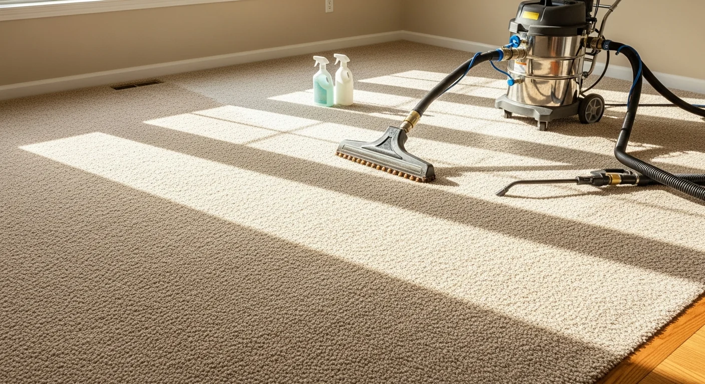 A freshly cleaned carpeted living room in a North Reading, Massachusetts home, showing restored fiber texture and no visible staining or soil. A professional cleaning technician from Elizabeth & Clive's Cleaning Inc. is visible in the background with extraction equipment.