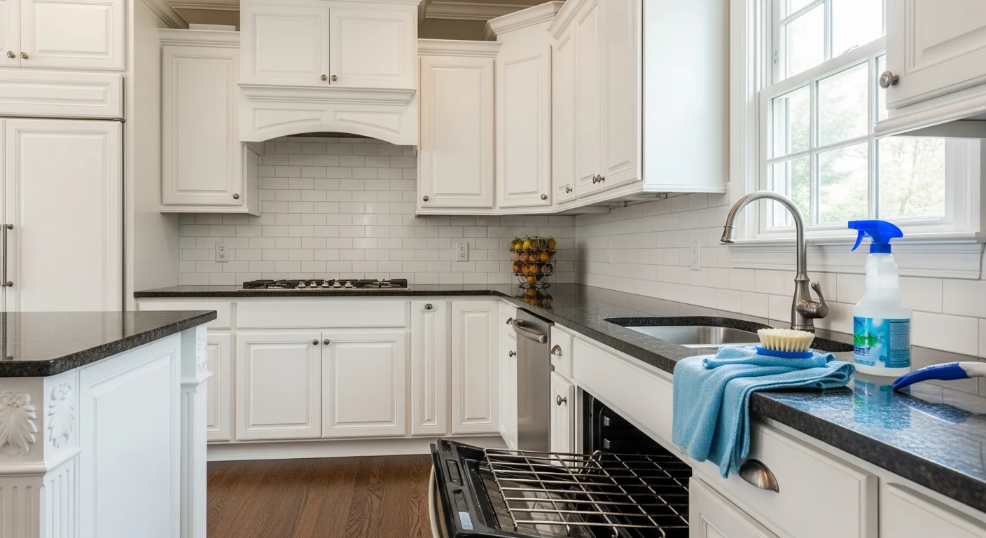 A clean kitchen interior in a North Reading single-family home after a professional deep cleaning, showing scrubbed countertops, polished appliances, and spotless cabinet fronts. Bright natural light highlights grout lines and hardwood floors that have been thoroughly cleaned and disinfected.