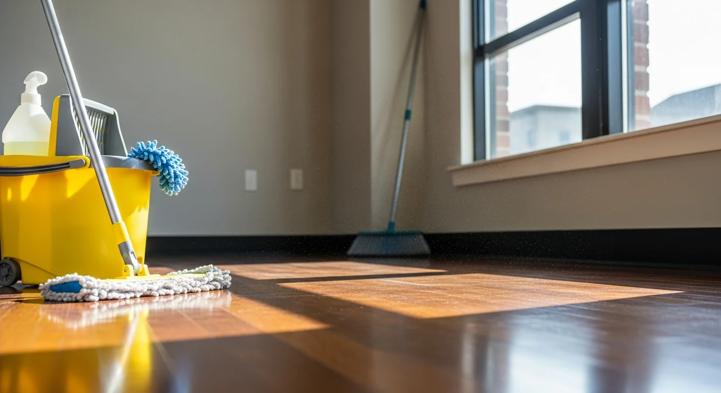 A janitorial worker mopping a clean, polished hard-surface floor inside a commercial building in North Reading, MA. The floor reflects overhead lighting with no visible dirt, salt residue, or scuff marks.