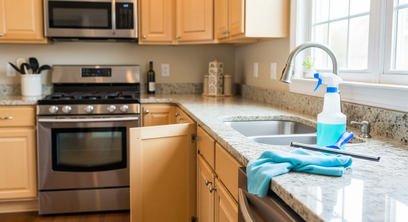 A spotless kitchen in a North Reading colonial home after a professional move-in cleaning, with clean countertops, open empty cabinets, and scrubbed appliances. No furniture or personal belongings are present, showing the home is ready for move-in.