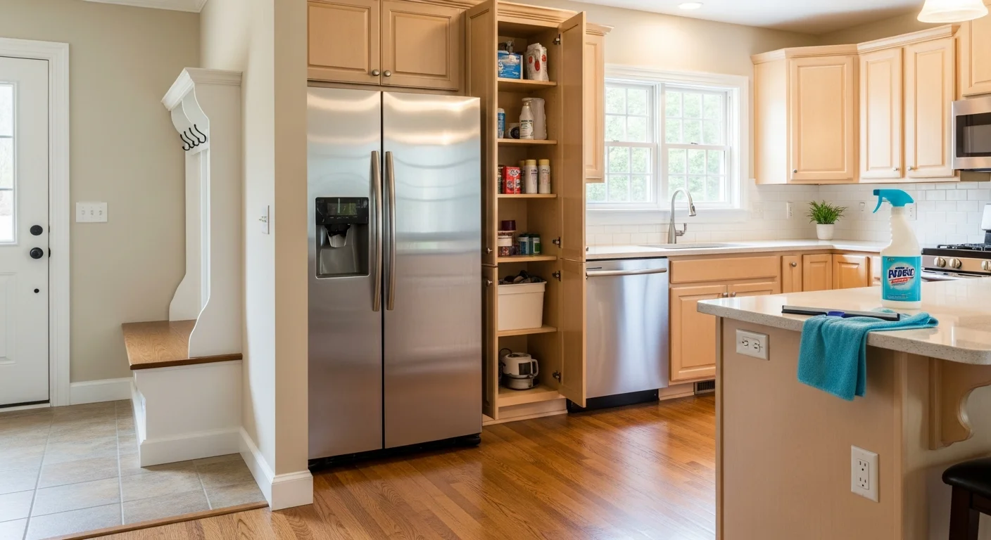 A spotless kitchen in a North Reading colonial-style home after a professional move-out cleaning, with clean appliance surfaces, wiped cabinet fronts, and clear countertops. The space is empty and ready for a landlord walk-through or new occupant.