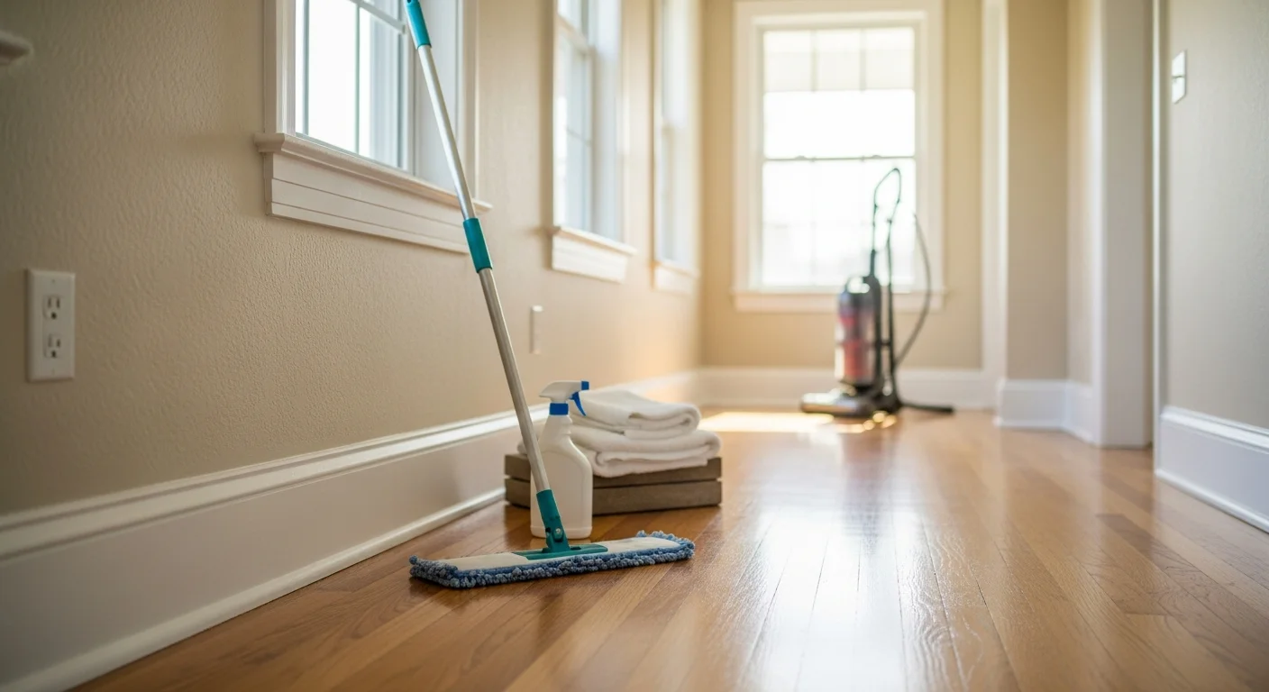 A clean kitchen interior in a North Reading single-family home, with wiped counters, a scrubbed stovetop, and mopped floors after a one-time professional cleaning service.