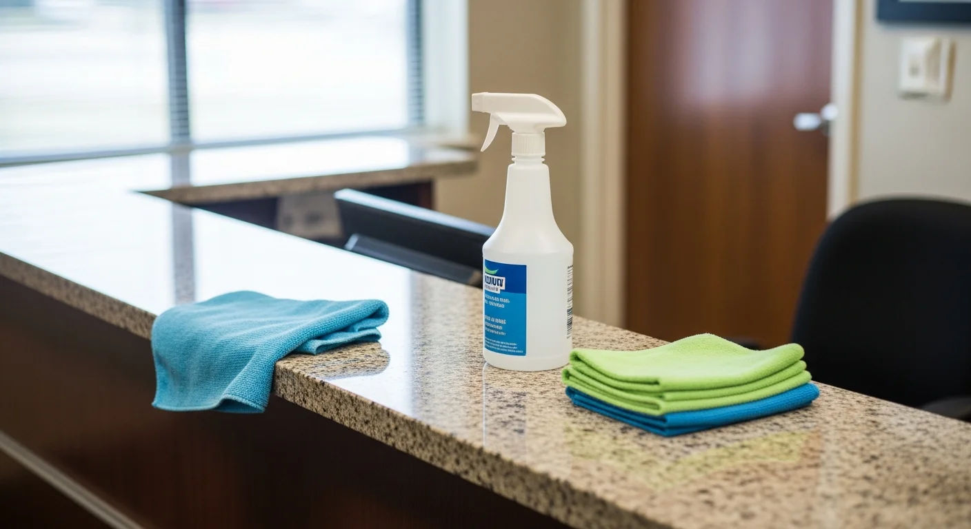 A janitorial professional wiping down a commercial countertop and high-touch surfaces inside a clean North Reading office. Sanitizing supplies and a spray bottle are visible on the work surface nearby.