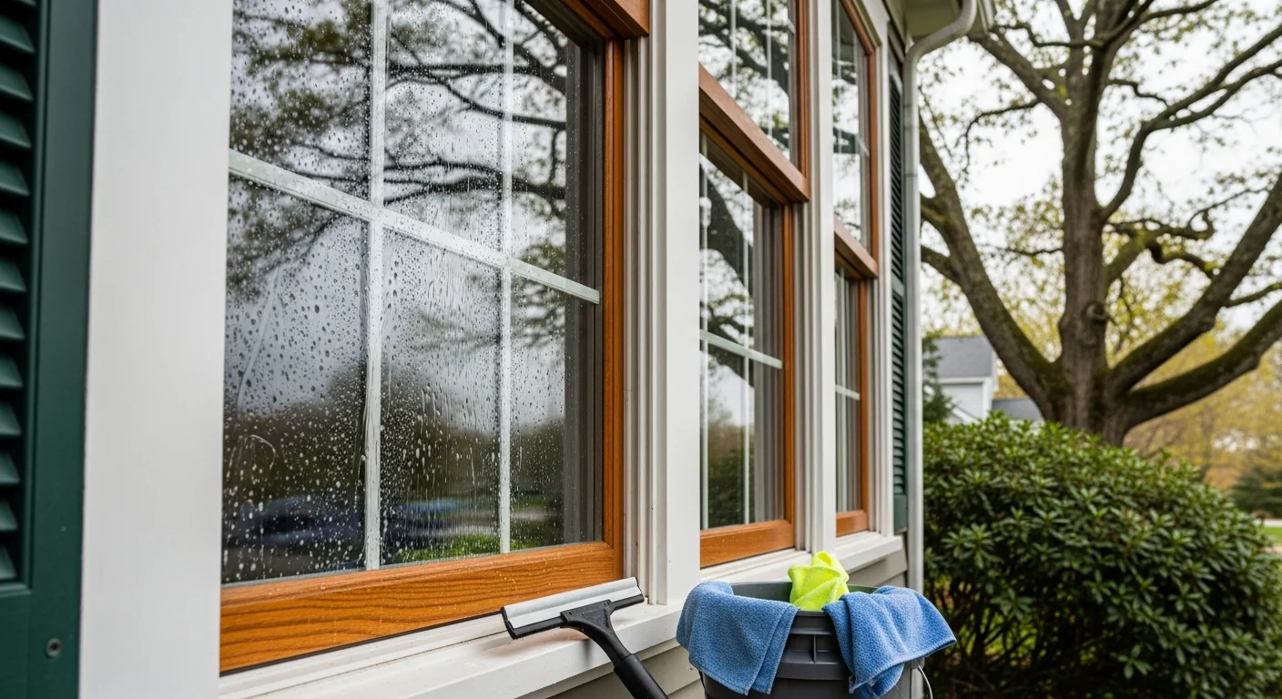 A professional cleaner wiping down the exterior glass of a Colonial-style home in North Reading, MA, with clean streak-free windows reflecting the surrounding tree line. Close-up view shows a spotless window frame and sill on a single-family residential property.
